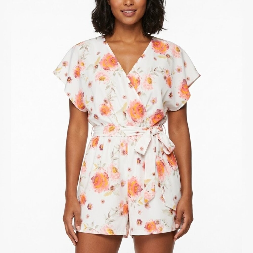 Cosmic Beauty Floral Surplice Romper White Pink Orange Cottagecore Coquette XL